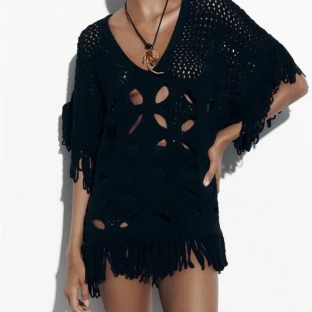 Zara Black Crochet Fringe Poncho Swim Cover Up Size S-M NWT Boho